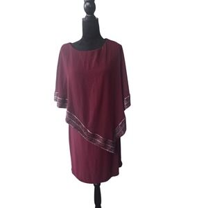 SLNY Womens Metallic Trim Burgundy Capelet Sheath Dress Beaded Size 14